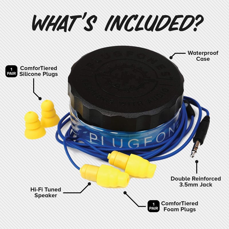 Plugfones سماعات أذن Plugfones Guardian - معتمدة من OSHA لعزل الضوضاء مع حماية السمع - سماعات أذن سلكية هجينة للعمل والسفر - تشمل سدادات أذن سيليكون ورغوة - زرقاء وصفراء - Image 4